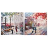 A pair of impressionistic, bustling streetscapes depicting figures walking beneath blossoming