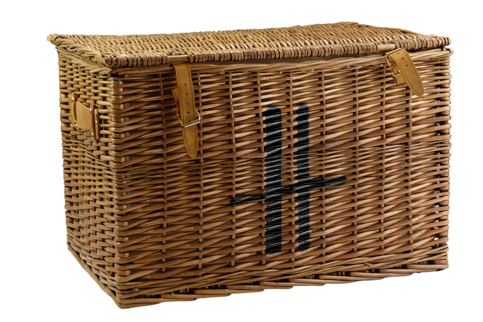 A large Harrods wicker hamper, 57 cm x 38 cm 39 cm