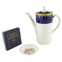 A Royal Worcester Imperial blue and gilt coffee pot together with a boxed floral pin dish, former 22