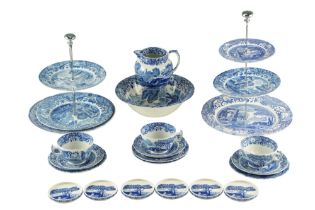 A quantity of Spode Italian blue-and-white dinnerware including two cake stands, a bowl, jug, etc