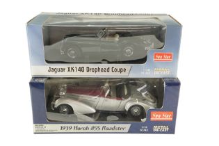 Two Sun Star diecast model cars comprising a Jaguar XK140 Drophead Coupe and a 1939 Horch 855