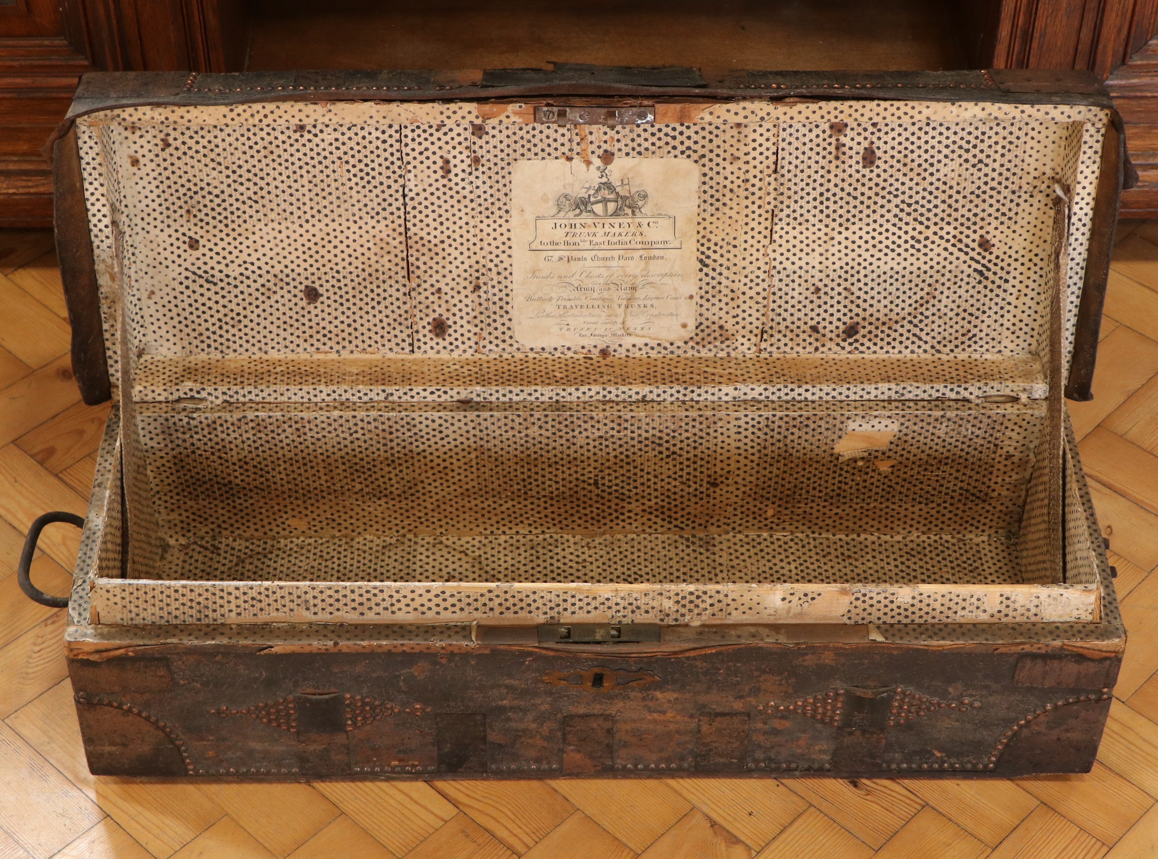 A late Georgian / early Victorian campaign or travel trunk, in hide-covered wood with brass and iron - Image 2 of 4