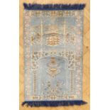 A hand-knotted silk-blend prayer rug / mat depicting the Kaaba before a mosque at Mecca, mid-to-late