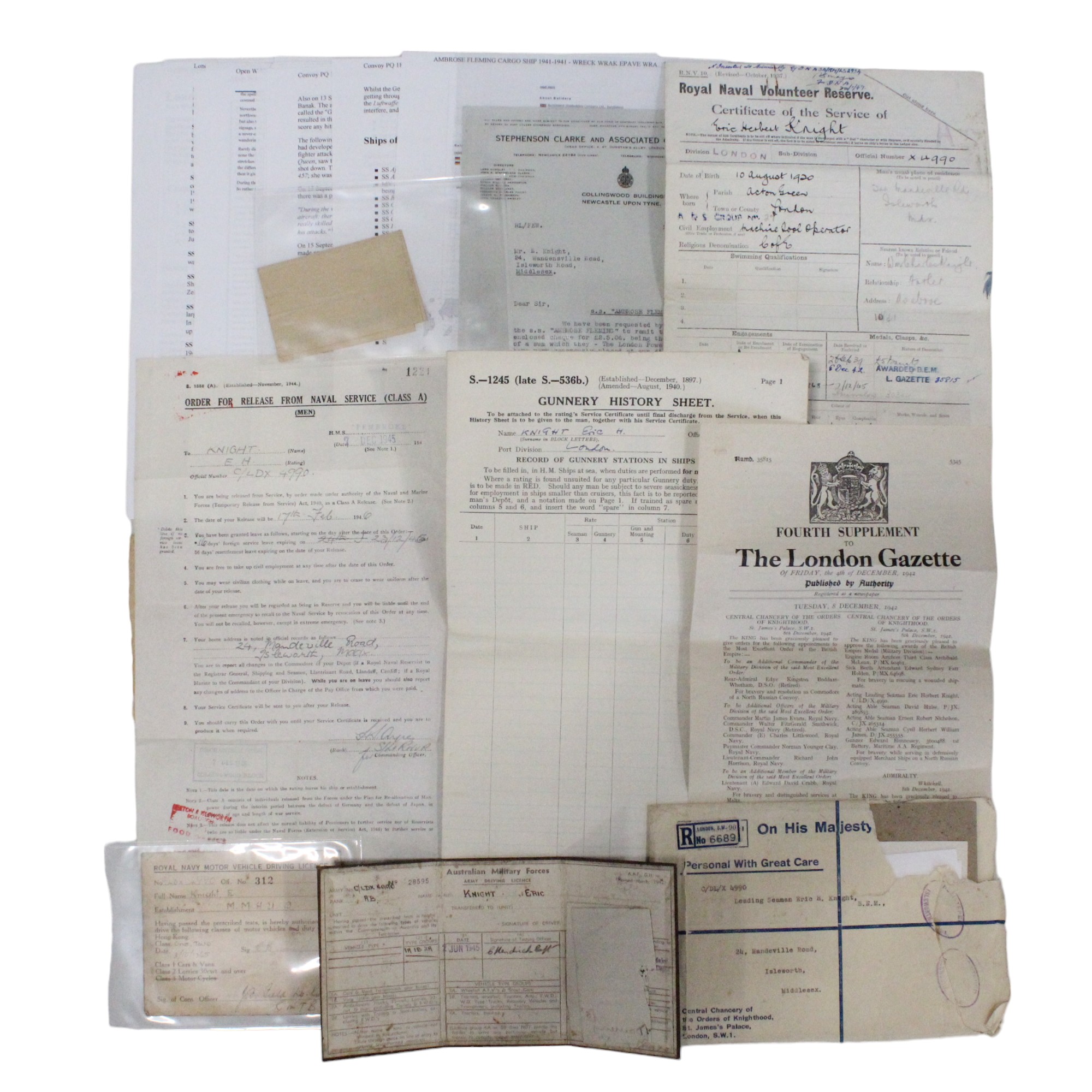 A large group of period and research documents pertaining to Leading Seaman Eric Knight, BEM,