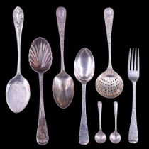 A Victorian silver Christening fork and spoon together with a pair of silver salt spoons, a spade, a