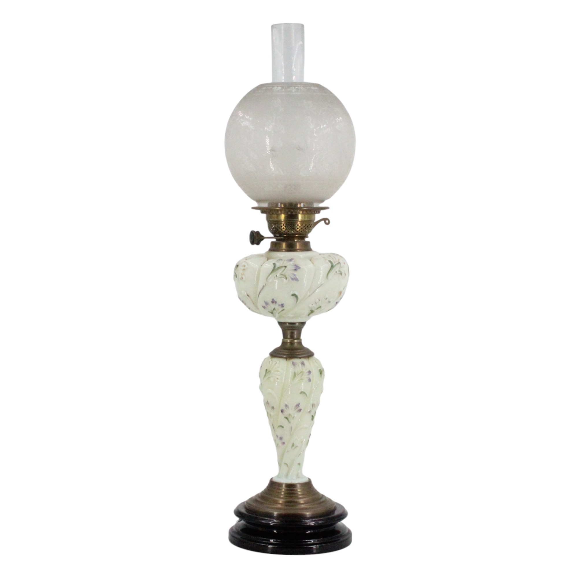 A Victorian mint-green glass oil lamp, having an Aesthetic influenced etched glass globe, Midland
