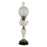 A Victorian mint-green glass oil lamp, having an Aesthetic influenced etched glass globe, Midland