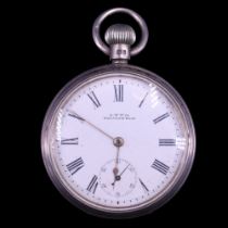 An Edwardian silver pocket watch by Waltham, having a crown-wound movement and white enamel face