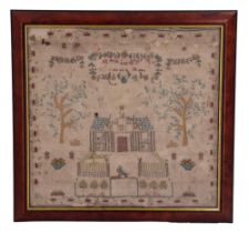 An early 19th Century finely worked needlework sampler depicting a Palladian country house, garden