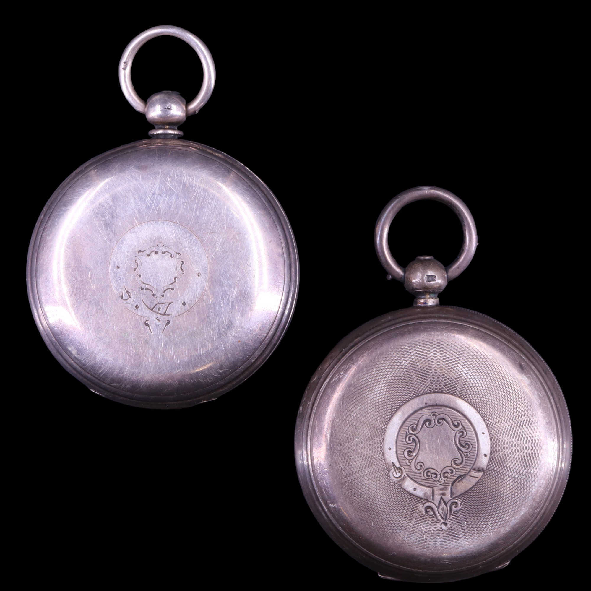 Two Victorian silver pocket watches, each having engraved silver faces with gold numerals, - Image 3 of 8