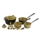 A group of Victorian and later domestic brassware comprising a set of sauce pans, a jam pan, two