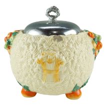 A Clarice Cliff "Celtic Harvest" biscuit barrel, circa 1937, height 17 cm, (a/f)