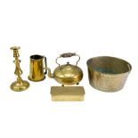 A vintage "Ye Olde Horse and Jockey - Wrexham" brass tankard together with a kettle, candlestick,