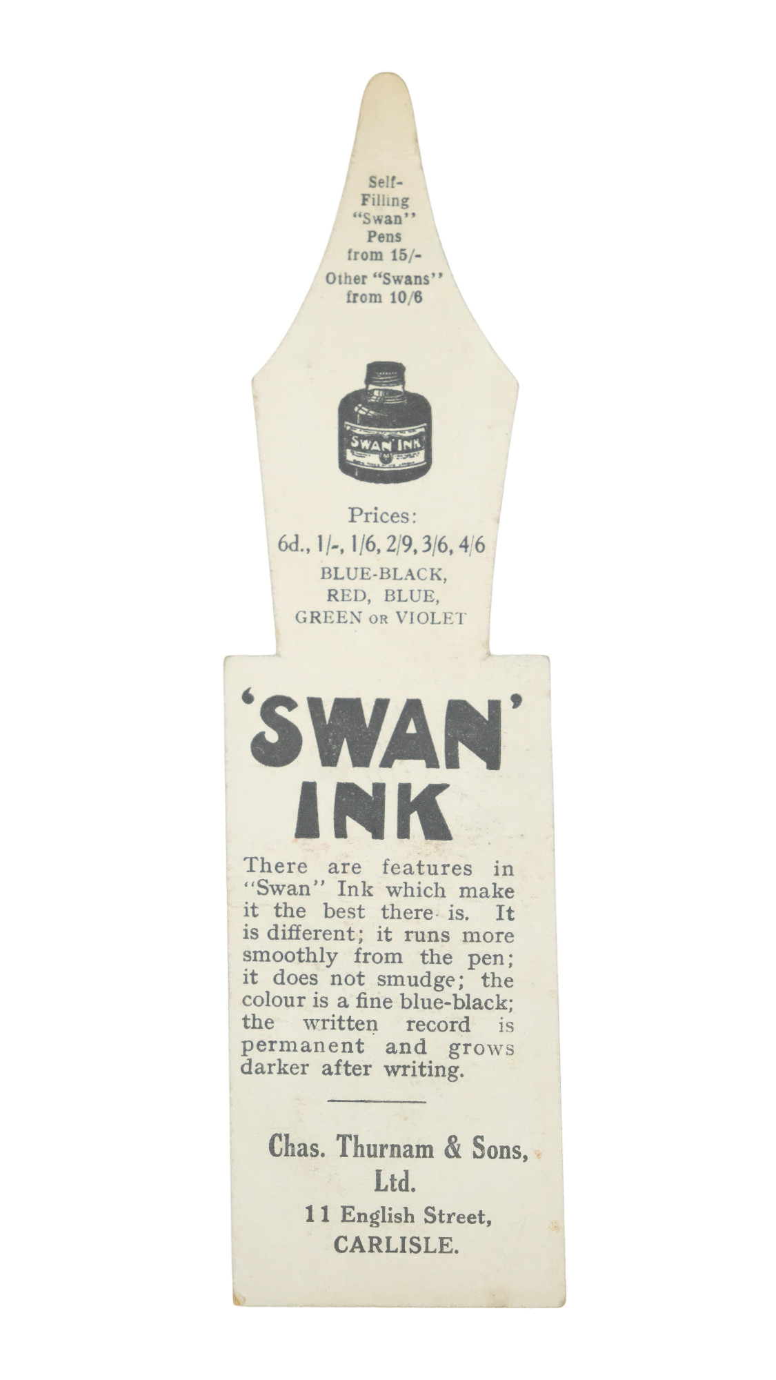 A 1920s Swan Pens and Charles Thurnam & Sons of Carlisle promotional printed bookmark - Image 2 of 2