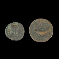 A Roman copper coin of Hadrian, (approx 26 mm), together with one other coin