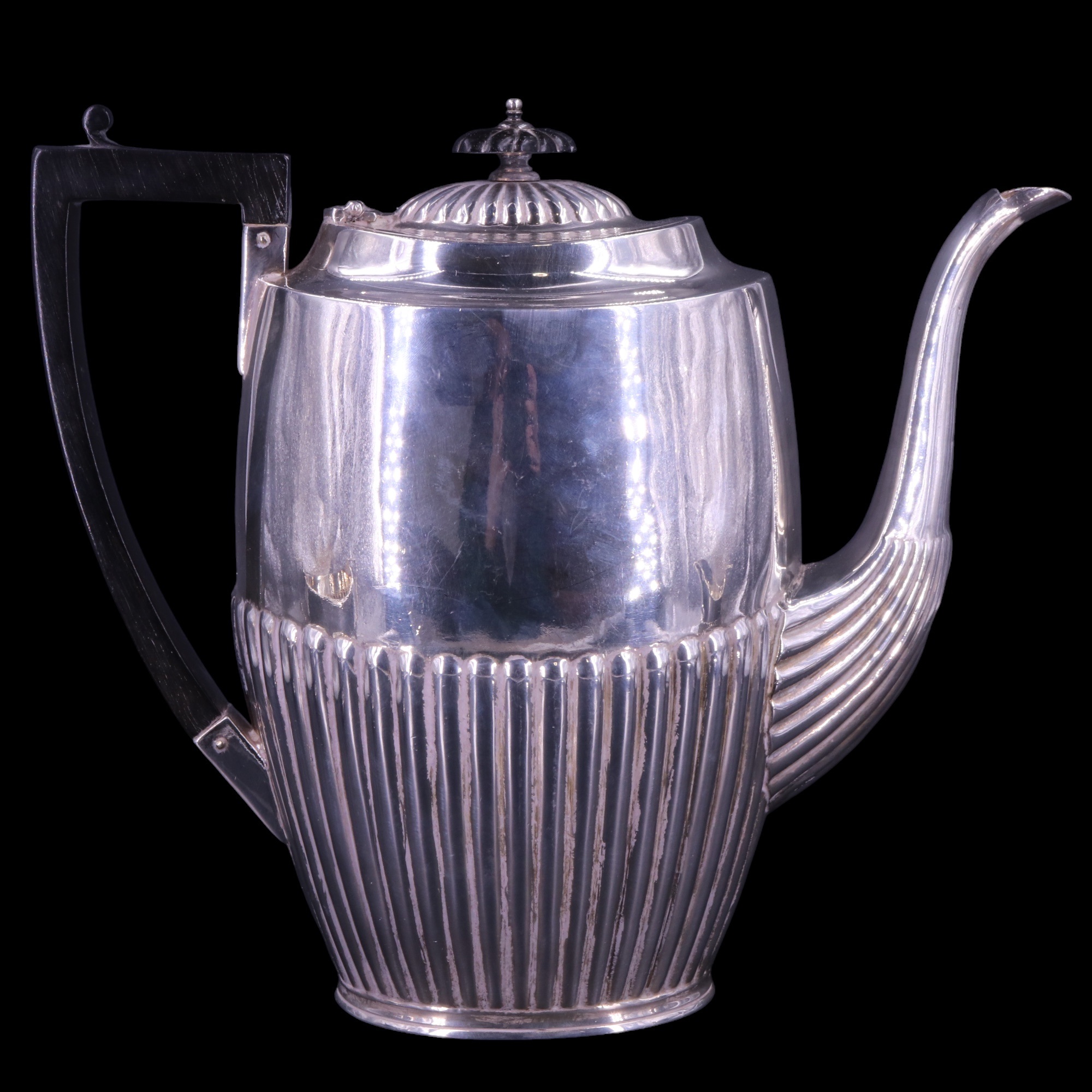 An early 20th Century silver four-piece tea service, in a Georgian gadrooned pattern with ebony - Image 10 of 20