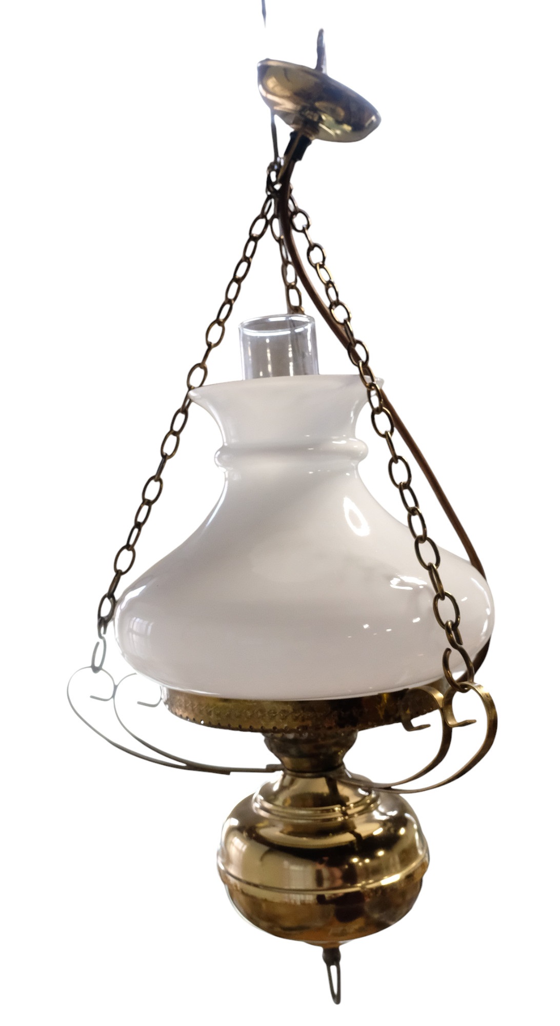 A reproduction pendant brass "oil lamp" electric light fitting, having a milk glass shade, base to - Image 2 of 2