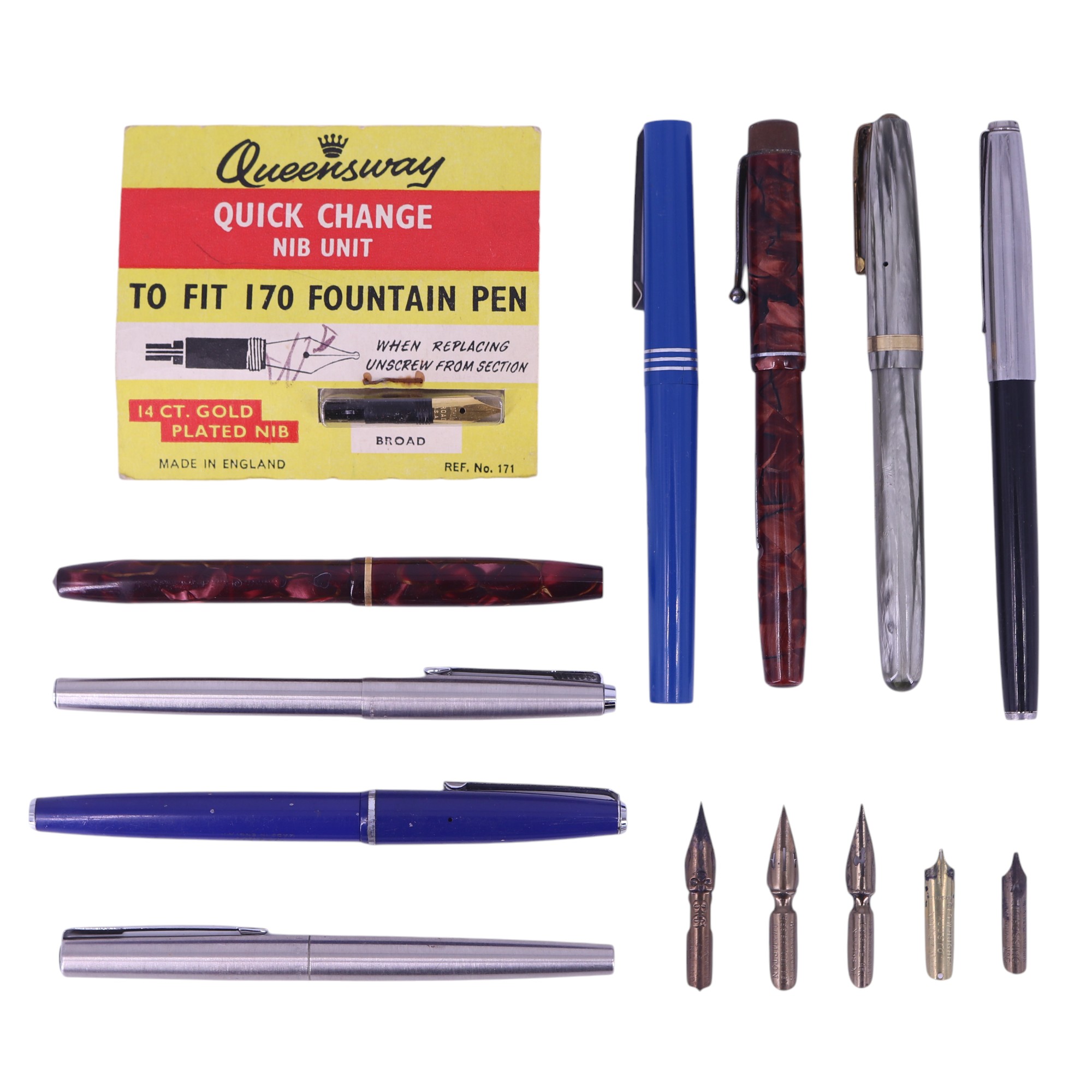 Eight vintage fountain pens including a Conway Stewart 12, Waterman's 513, Osmiroid, two Parkers,