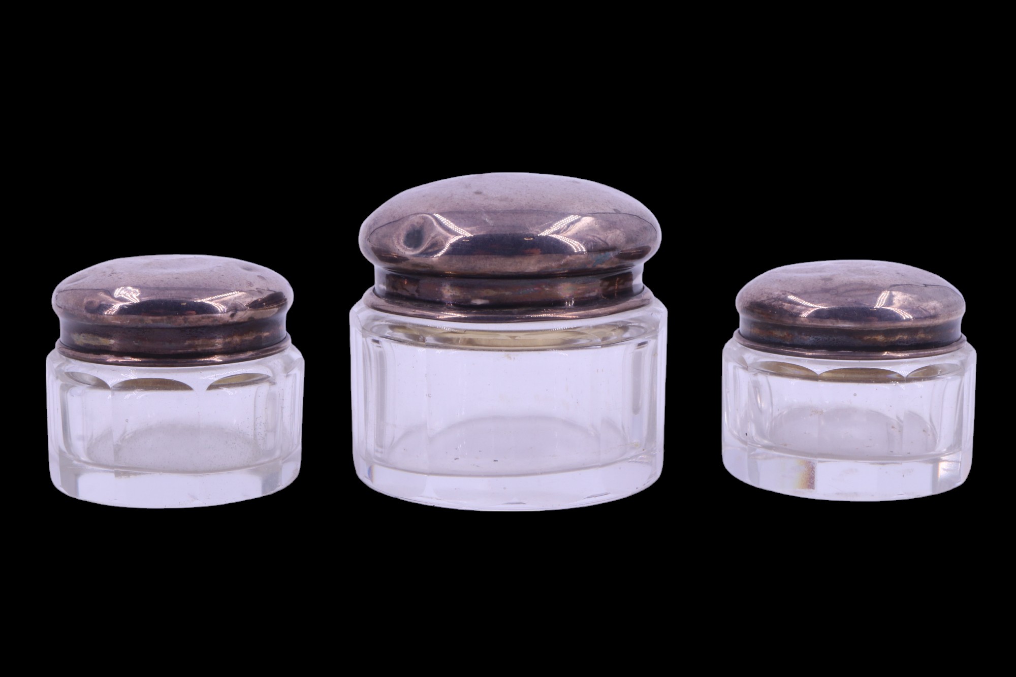 Three early 20th Century silver-lidded cut glass cosmetics pots together with a set of scissors in - Image 4 of 7