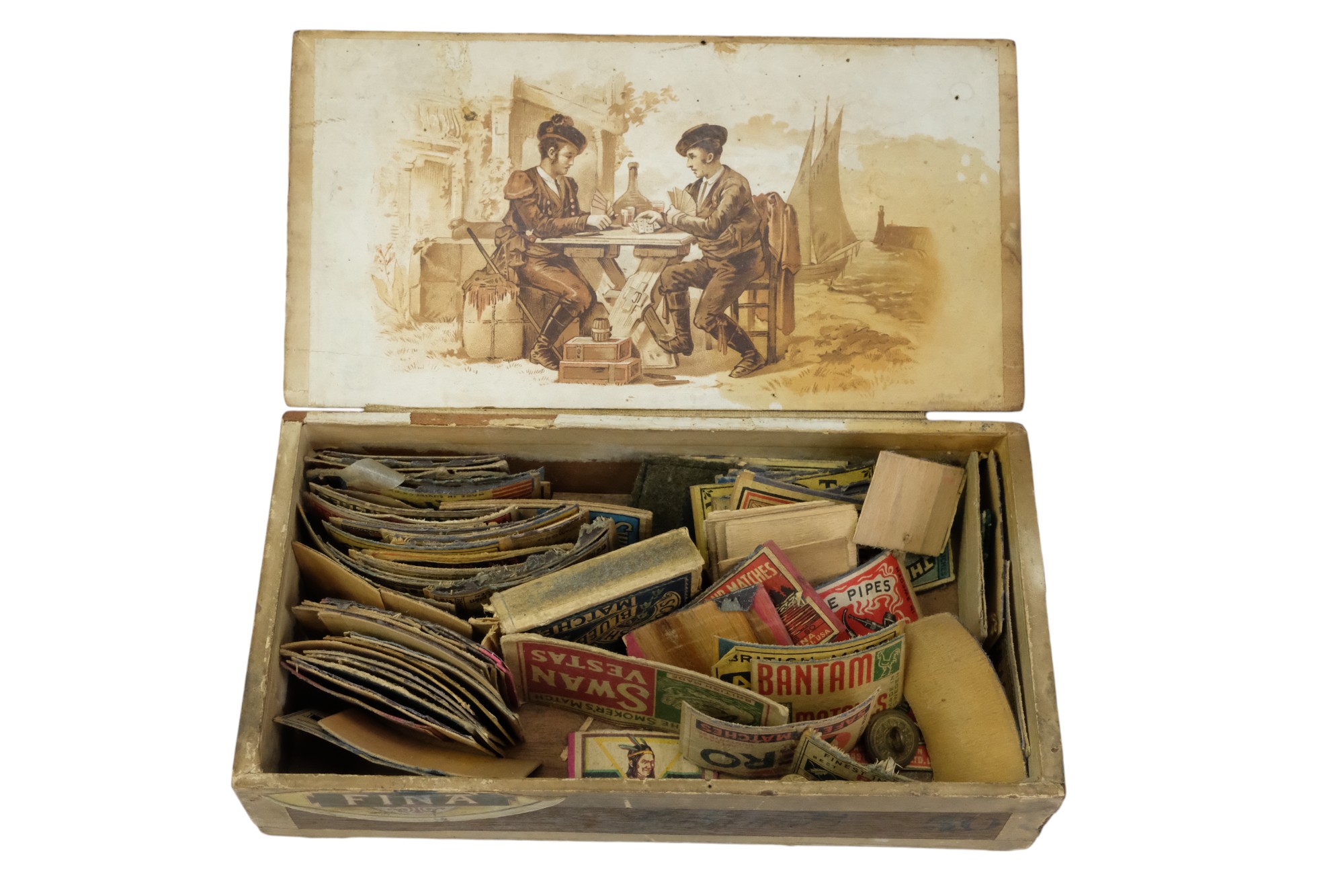 A collection of early 20th Century matchbox labels in a cigar box - Image 3 of 4