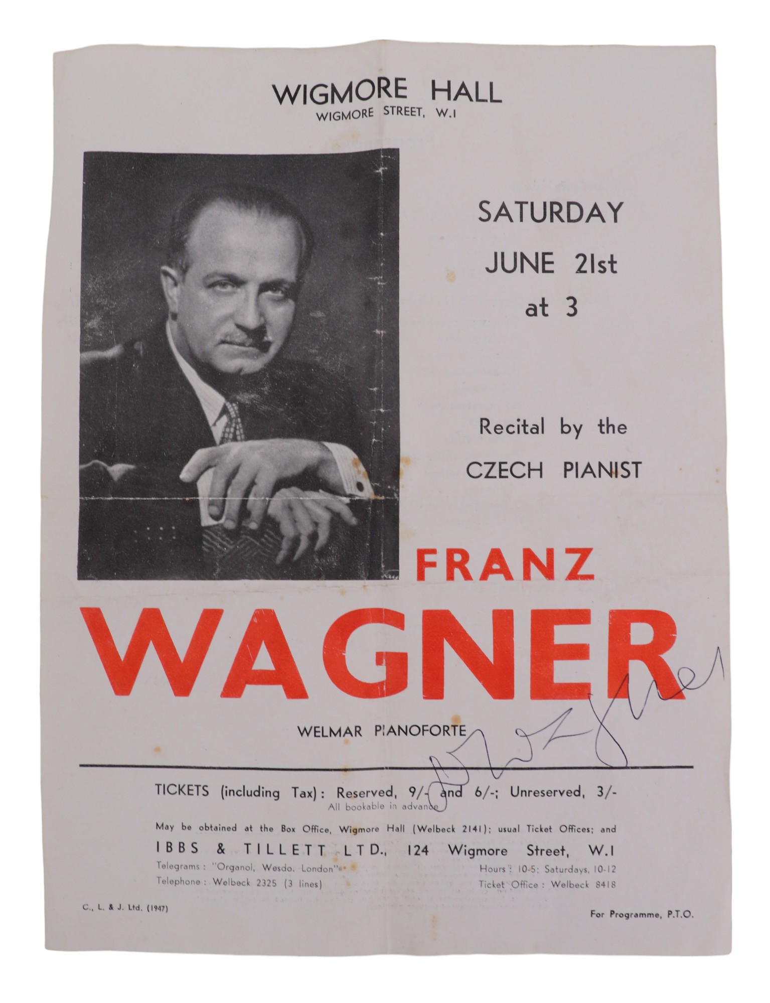 [ Autograph ] A Franz Wagner Wigmore Hall concert programme signed by the pianist, dated 1974