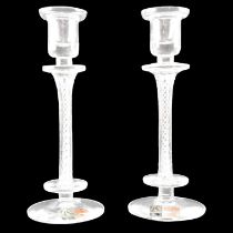 A pair of Langham Glass candlesticks having Georgian-style multiple spiral air twist stems, 21.5 cm