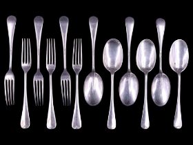 Six George V silver Hanoverian rat tail pattern dessert forks with corresponding spoons, William