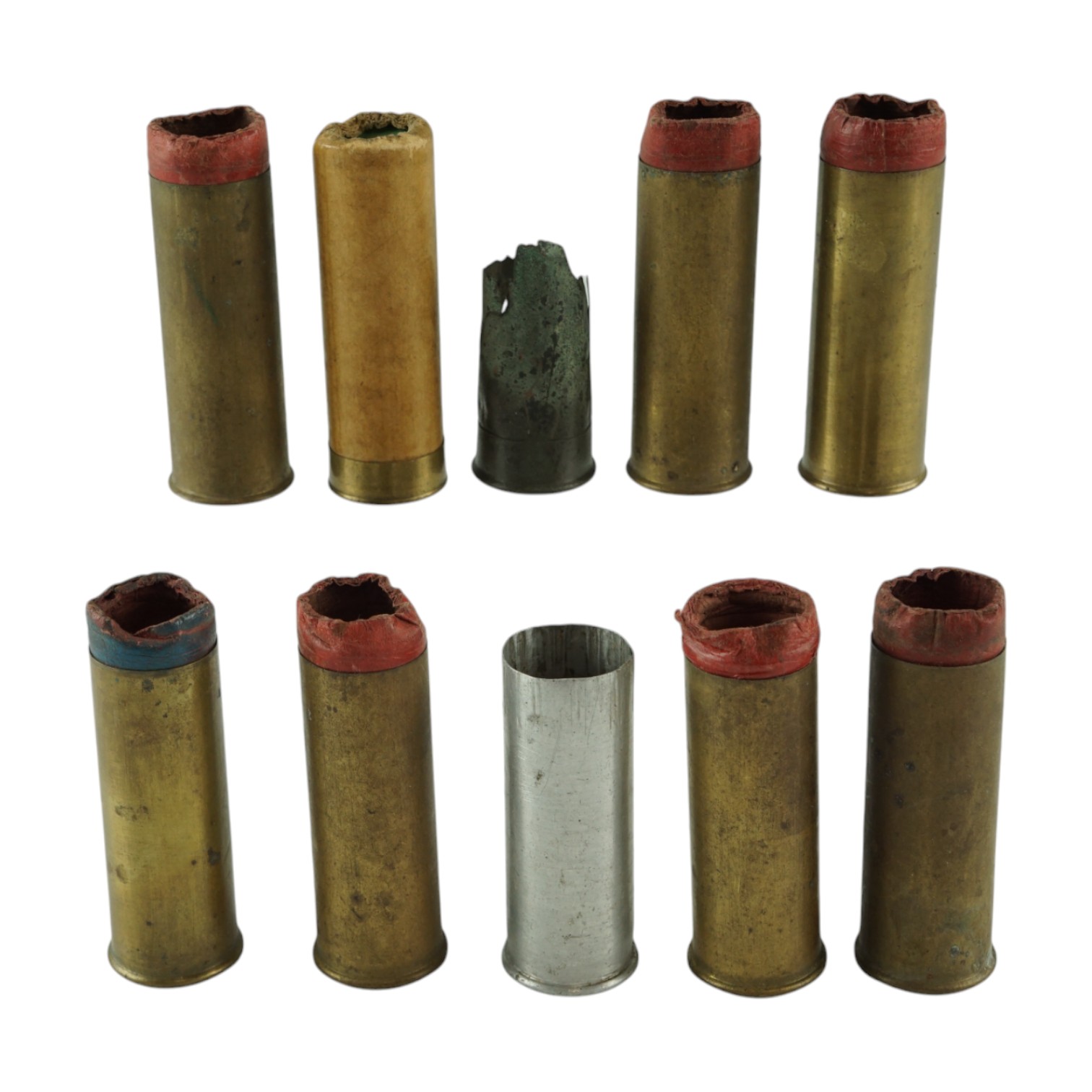 Seven inert Eley-Kynoch brass 12-bore shotgun cartridges, a similar inert (empty) pinfire