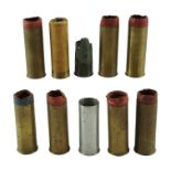 Seven inert Eley-Kynoch brass 12-bore shotgun cartridges, a similar inert (empty) pinfire