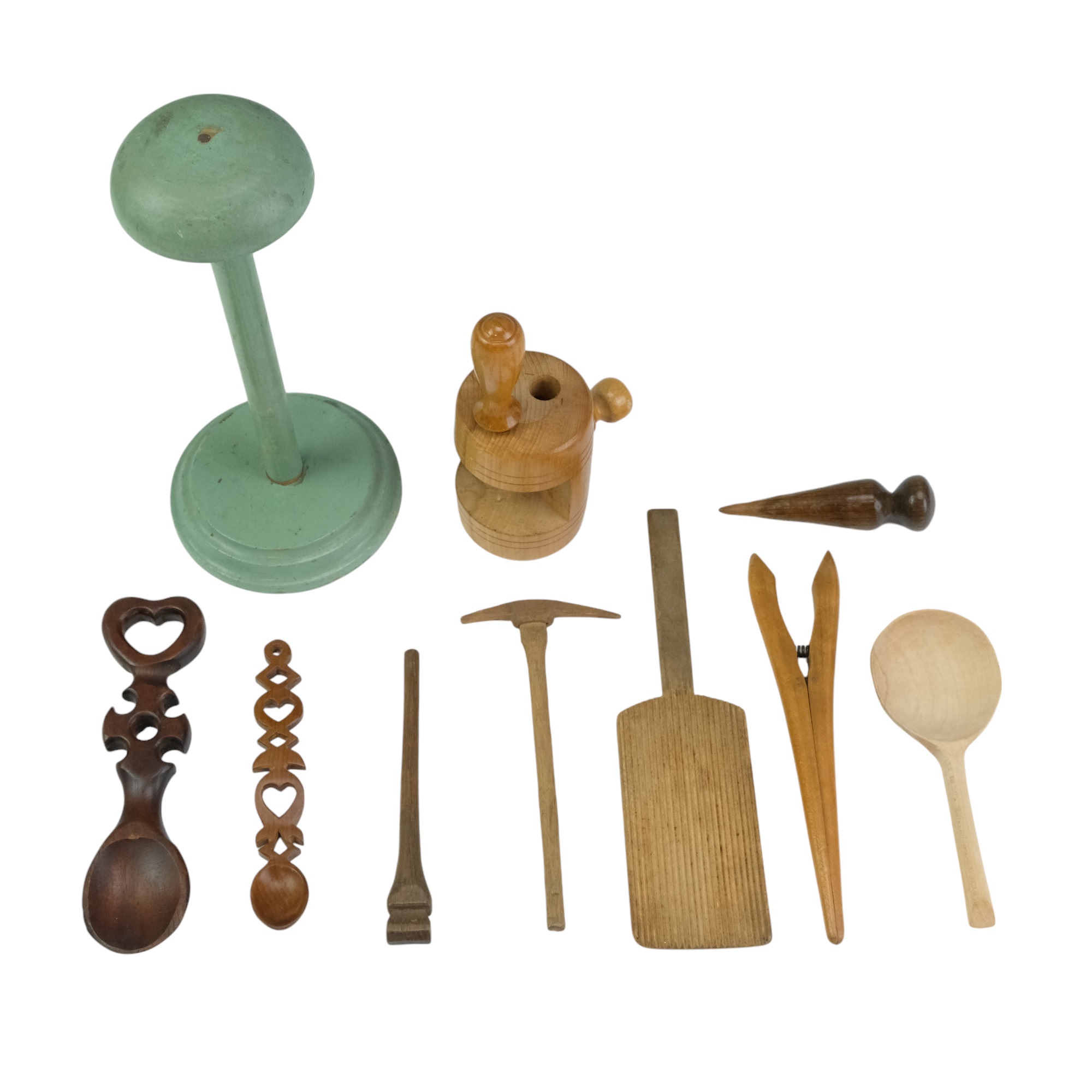 A group of treen including a turned and painted hat stand, a loving spoon, glove stretchers, etc, - Image 2 of 2