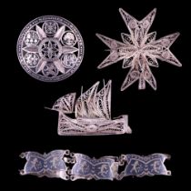 Maltese, Siamese, Spanish and Canadian white metal jewellery including filigree brooches