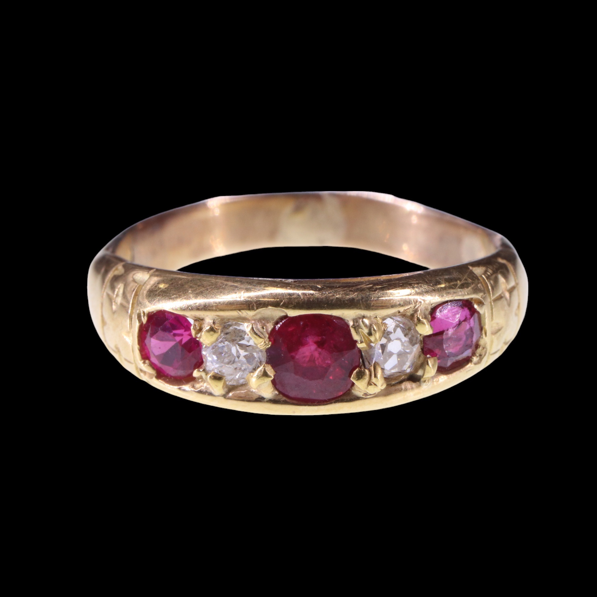 An antique ruby and diamond ring, comprising three round-cut rubies, the central stone of approx 0.3 - Image 2 of 3