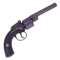 An English transitional revolver, having a 4 1/4 ich octagonal barrel of approx .38 calibre, a six-