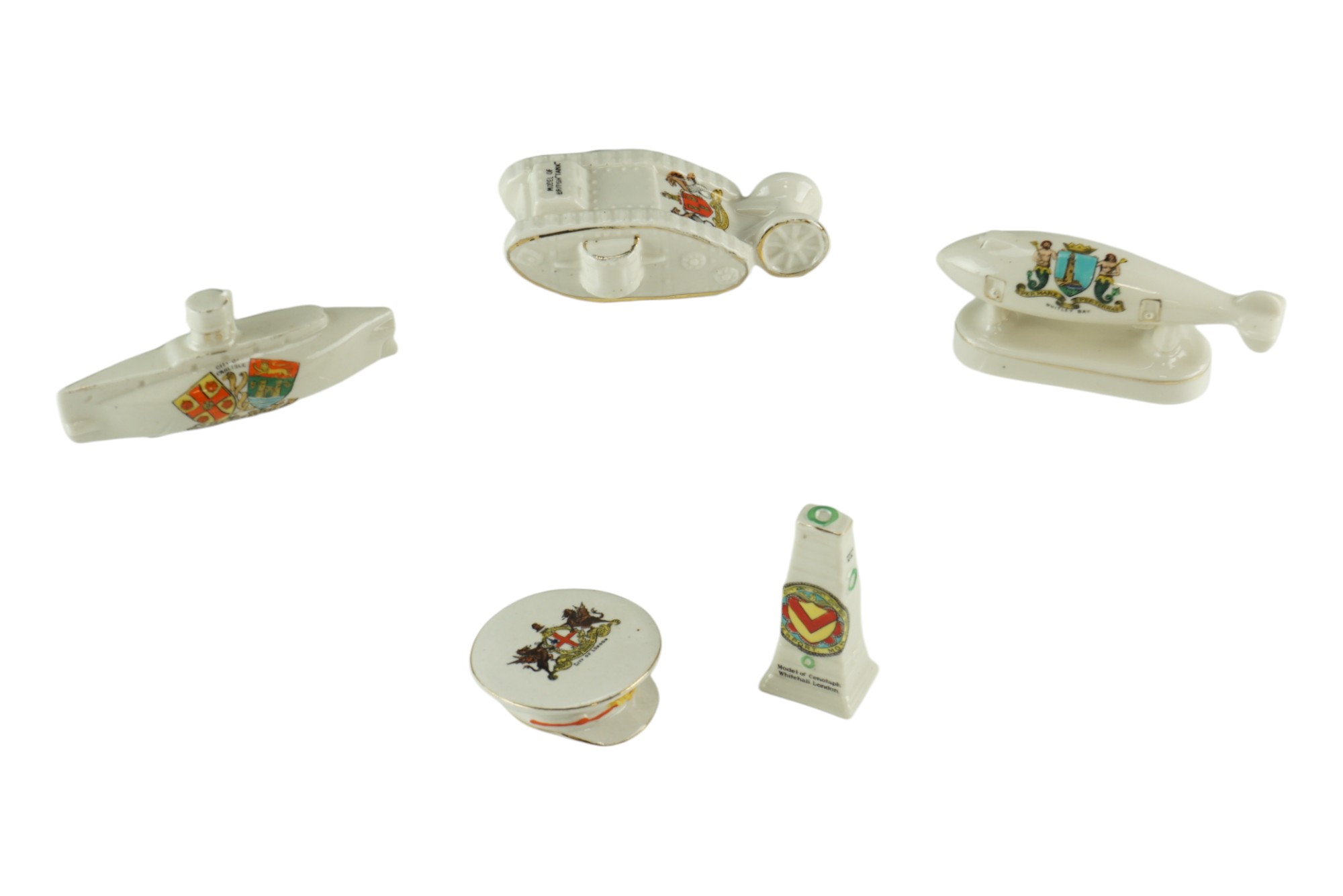 Five items of military Crested China including a Great War British tank, a submarine, a Zeppelin,