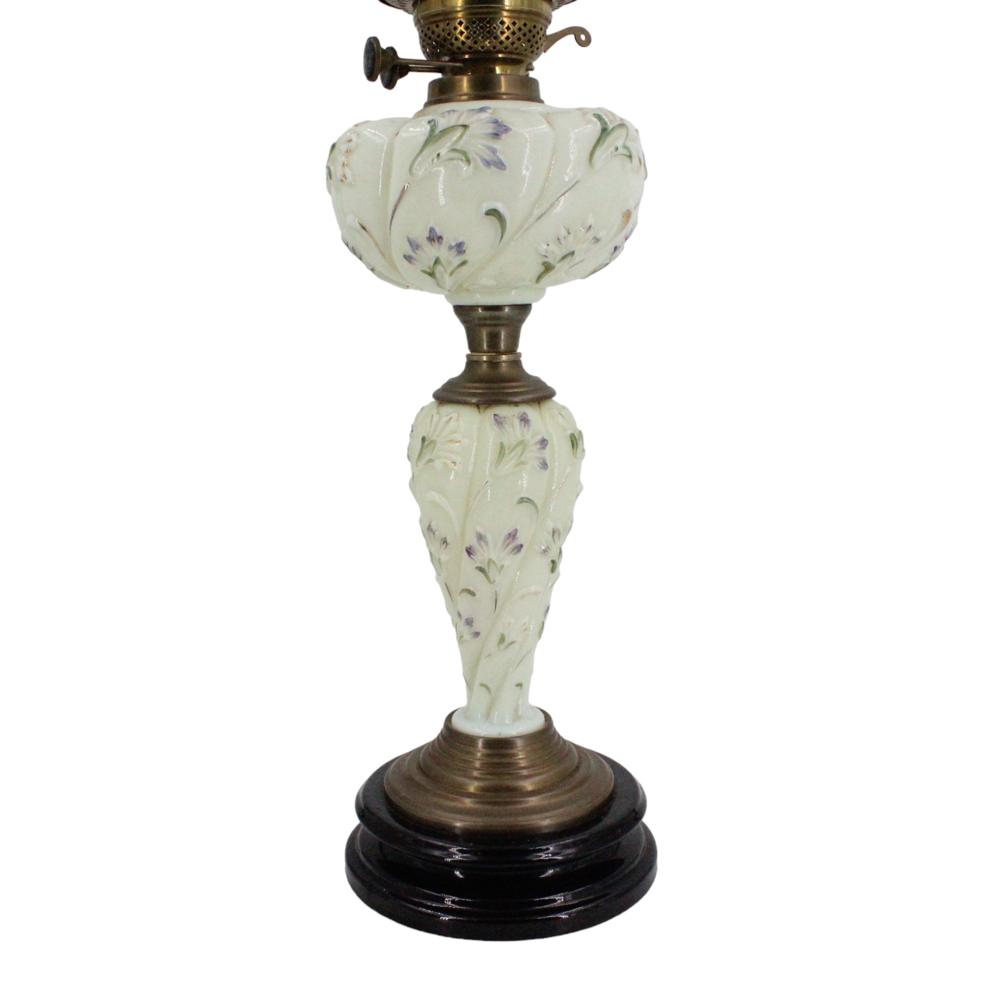 A Victorian mint-green glass oil lamp, having an Aesthetic influenced etched glass globe, Midland - Image 2 of 19