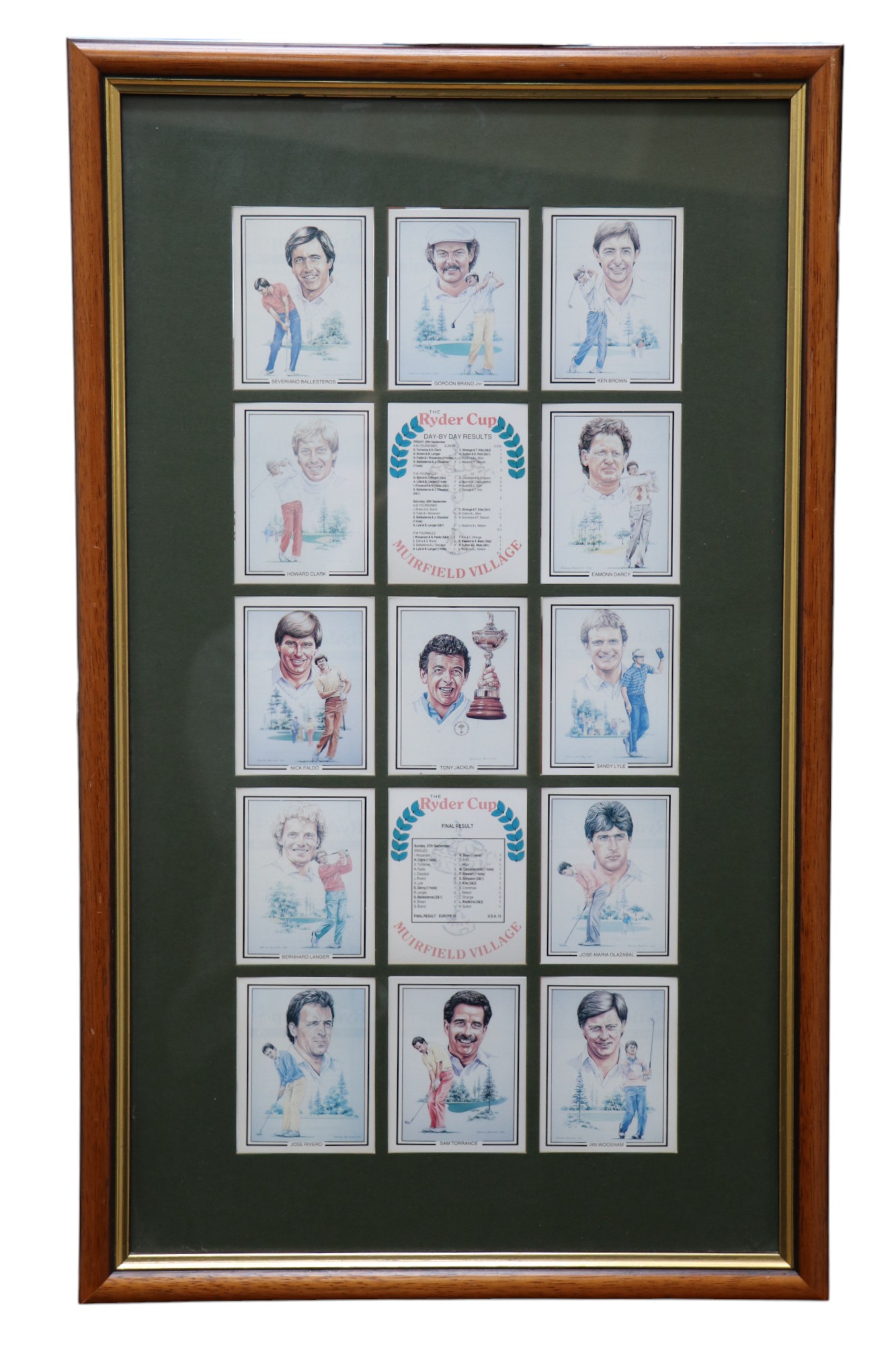 A collection of 15 Peter Urwin Ltd "The Ryder Cup. 1987 Winners" framed cigarette cards, in card