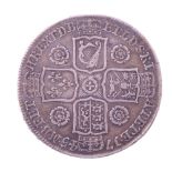 A 1745 George II silver half crown coin, DECIMO NONO edge, roses in angles