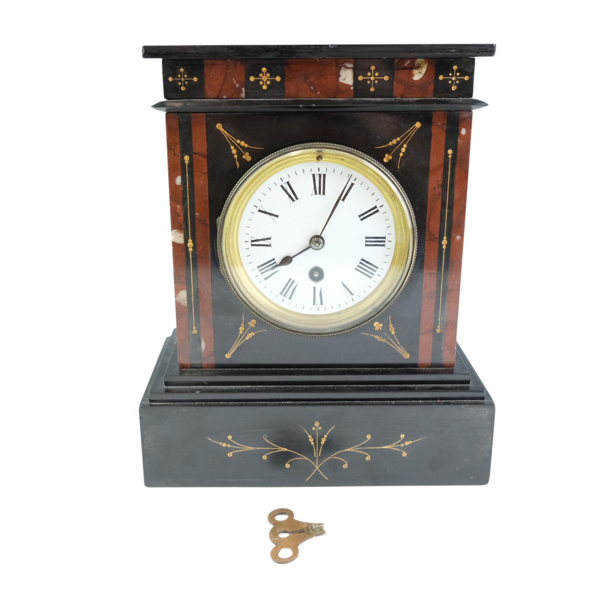 A Victorian parcel-gilt polished slate and red marble mantle clock having a single train movement, - Image 5 of 5
