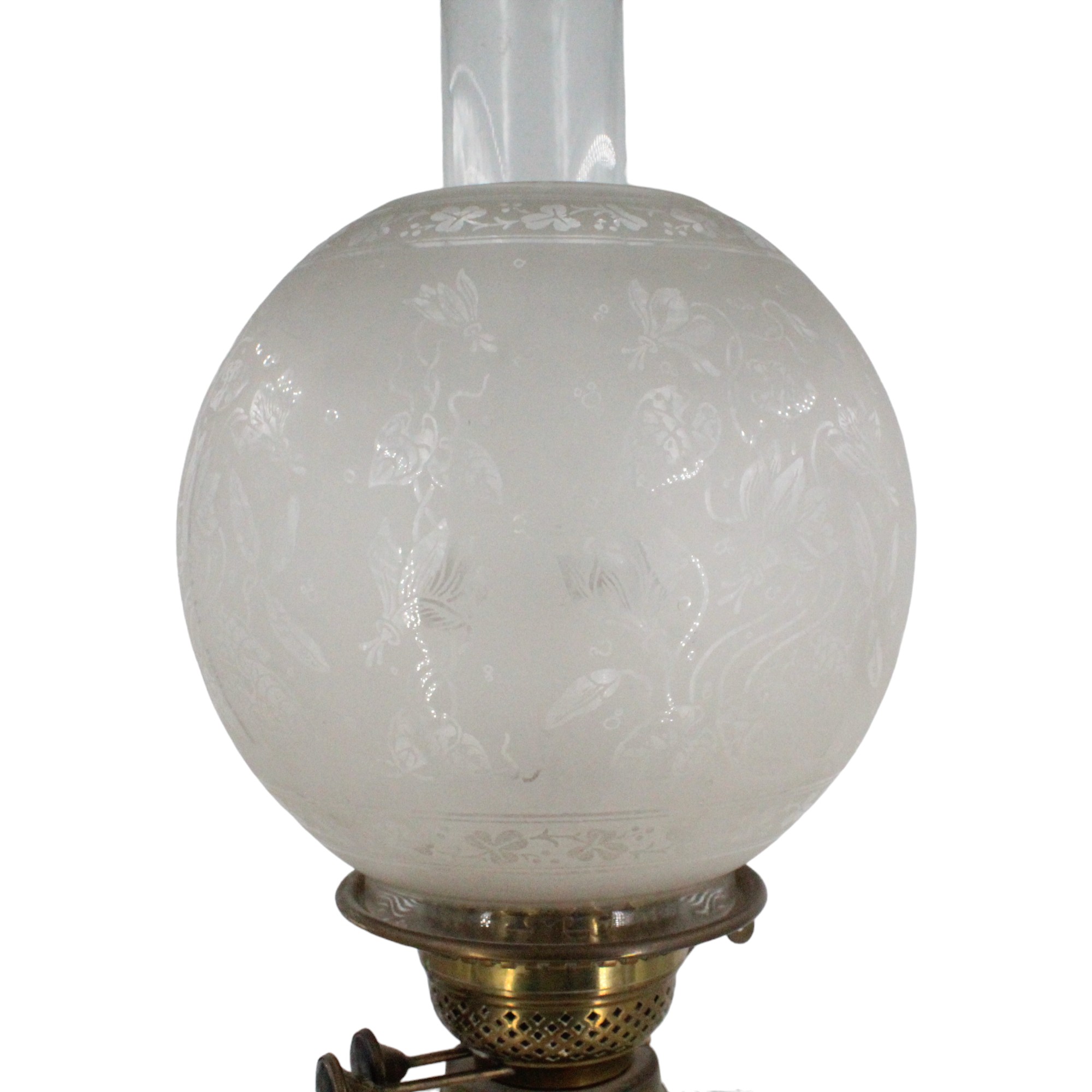 A Victorian mint-green glass oil lamp, having an Aesthetic influenced etched glass globe, Midland - Image 3 of 19