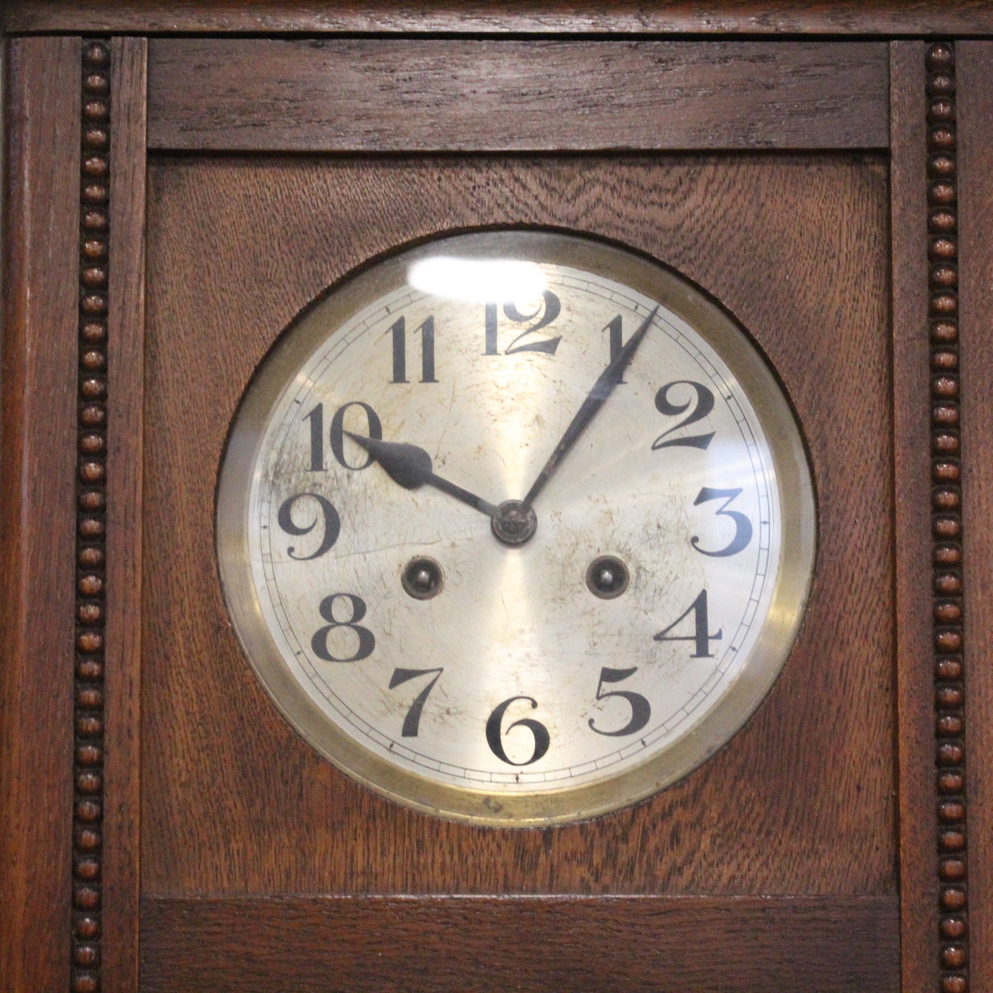 A 1940s oak wall clock having a two train movement, 79 cm x 33 cm x 16 cm - Image 2 of 2