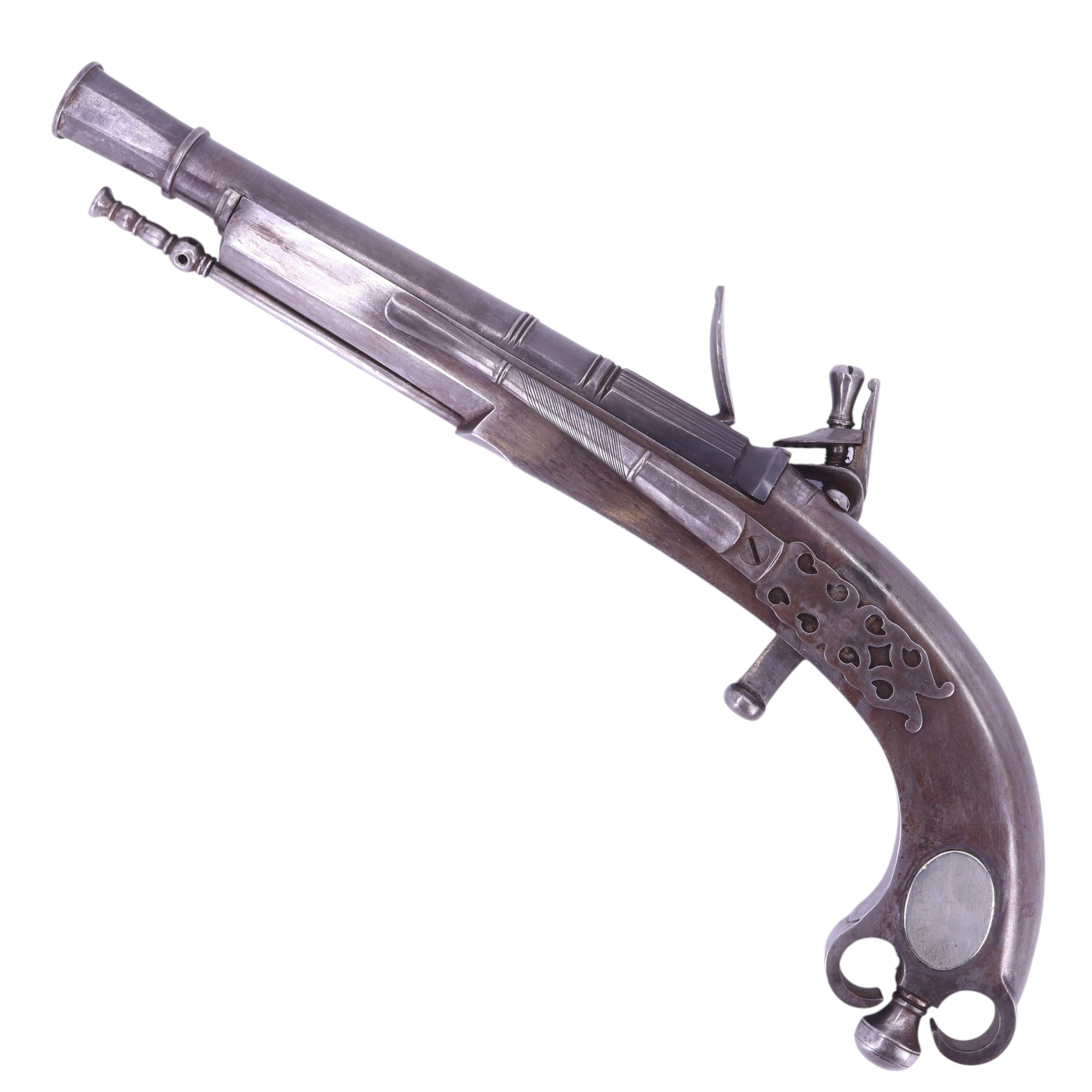 A reproduction 18th Century Scottish all-steel flintlock pistol, having a ram's horn but, 32 cm, ( - Image 2 of 3