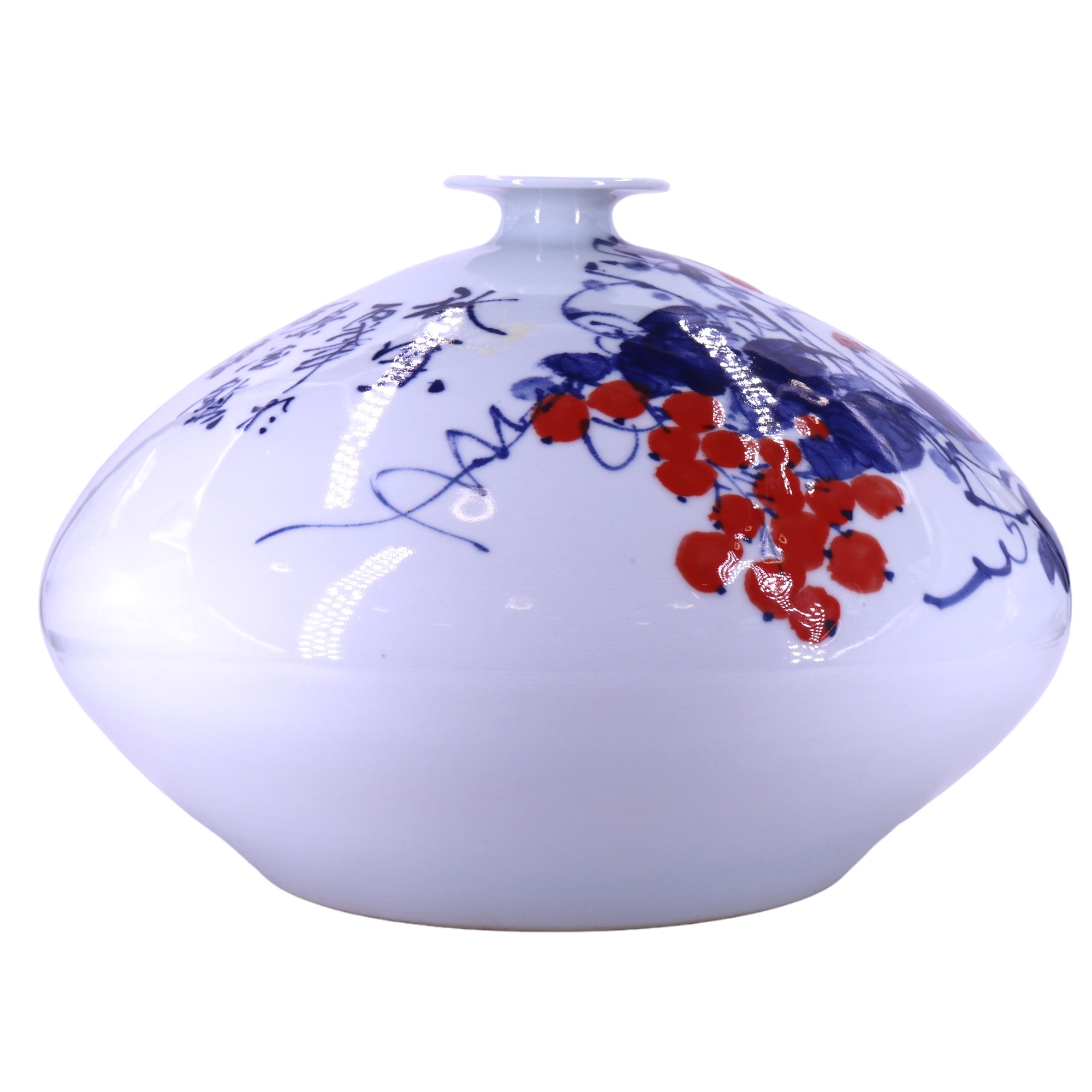 A large contemporary Chinese hand-painted porcelain bottle vase of pronounced compressed- - Image 5 of 5