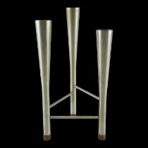 A Robert Welch Old Hall stainless steel three-branch Campden candelabrum, of conical form on teak