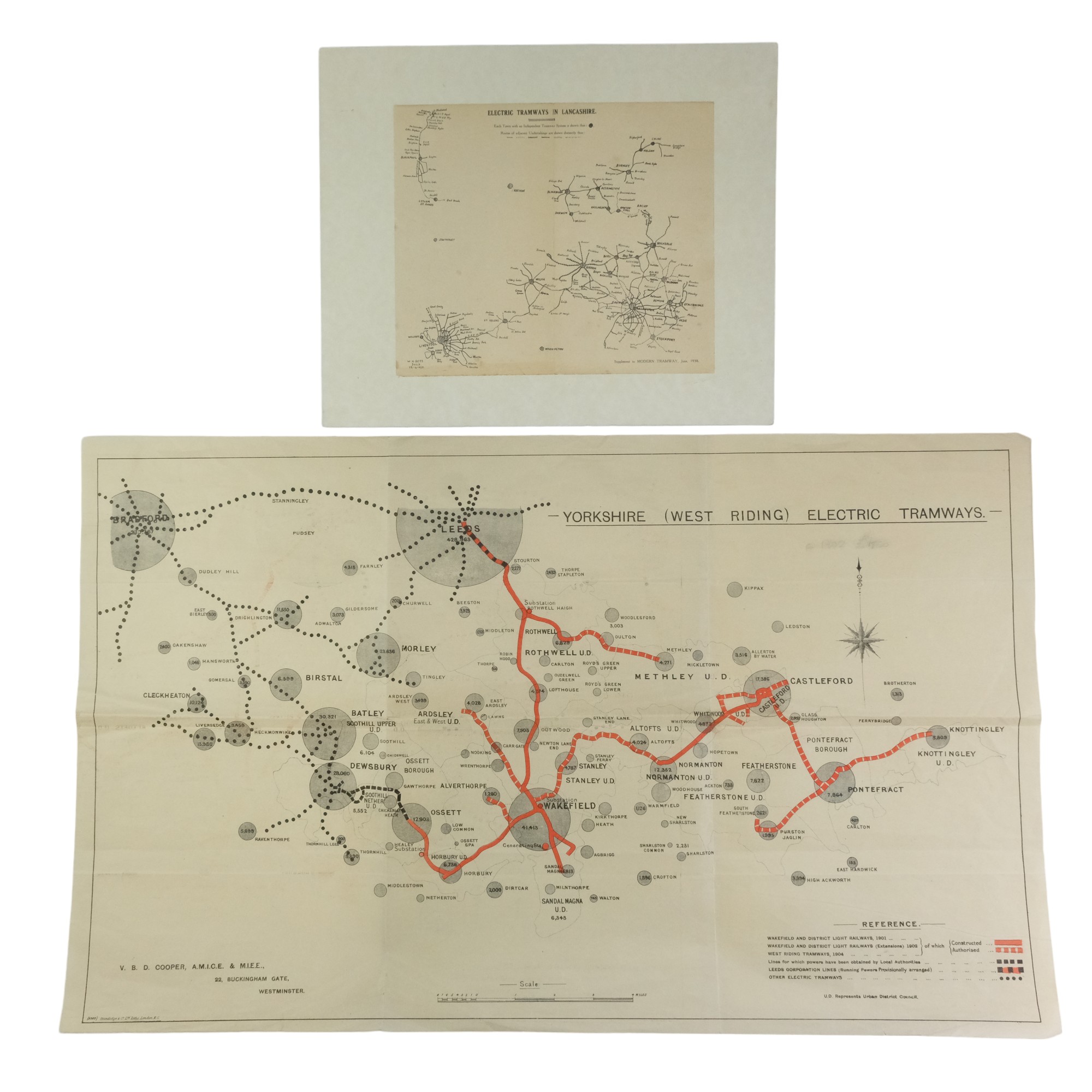 Two early-to-mid 20th Century maps of Electric Tramways in Lancashire and Yorkshire, lithographic