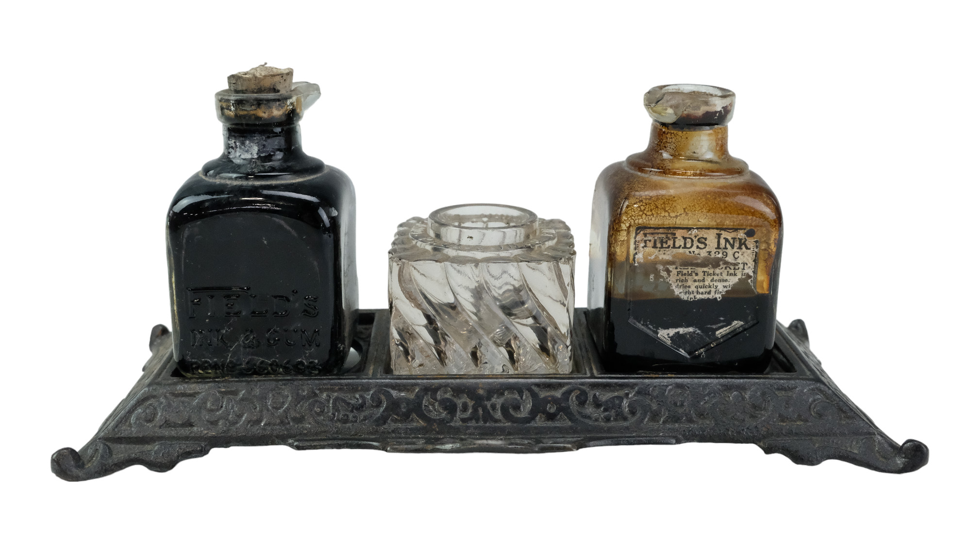 A late 19th / early 20th Century Salter patent cast-iron ink standish holding two bottles of Field's - Image 2 of 2