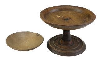 A treen tazza together with a turned sycamore dish, 18th-19th Century, former 24.5 cm x 16 cm high