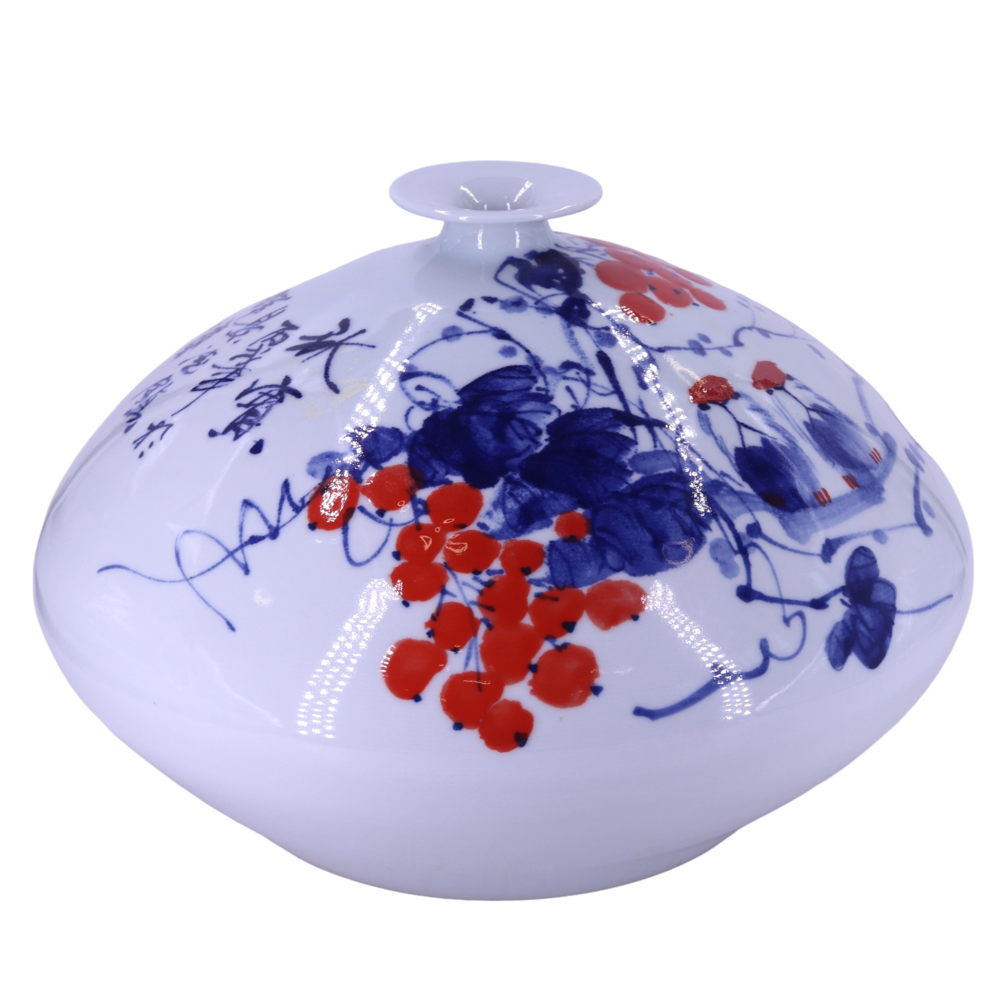 A large contemporary Chinese hand-painted porcelain bottle vase of pronounced compressed-