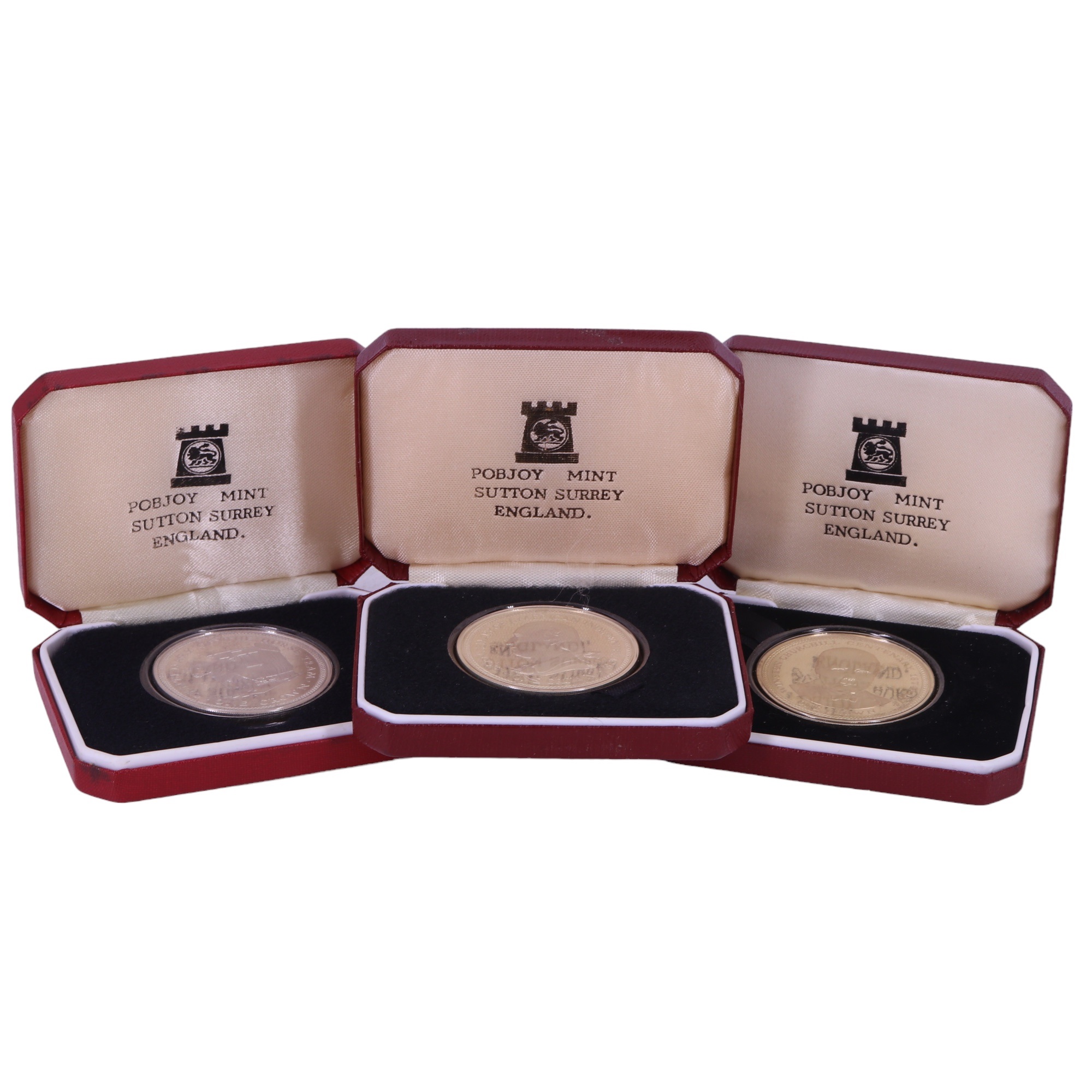 Three cased Pobjoy Mint silver proof crown coins comprising a horse tram centenary, American
