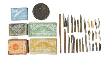 A collection of vintage dip pens and nibs including boxed William Mitchell's, The Silver Stork,
