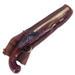 A George III flintlock holster pistol by Ryan & Watson of London, having a 8 1/2 inch hexagonal